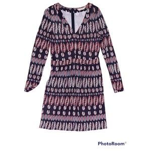 Tory Burch Mini‎ Dress Women's Small Viscose Fantasy Navy V Neck Long Sleeve Zip